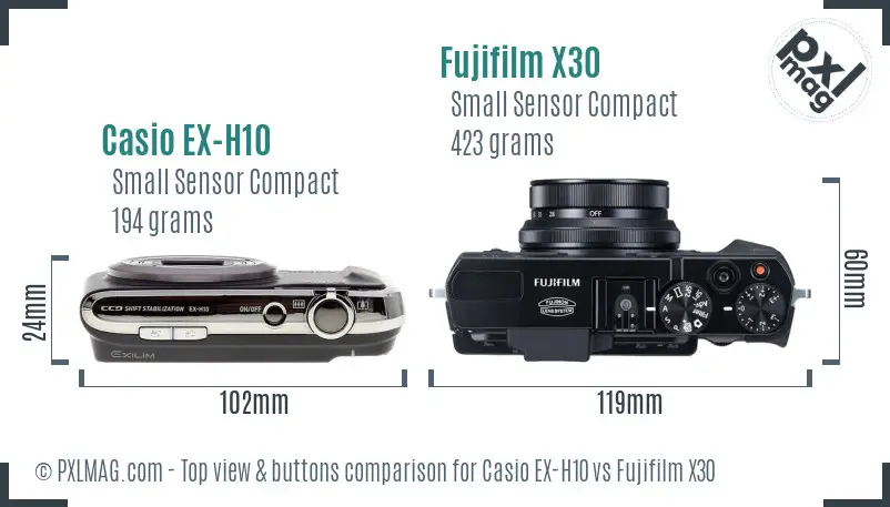 Casio EX-H10 vs Fujifilm X30 top view buttons comparison