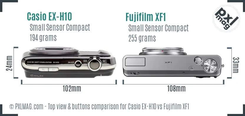 Casio EX-H10 vs Fujifilm XF1 top view buttons comparison Casio EX-H10 vs Fujifilm XF1 top view buttons comparison