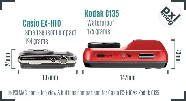 Casio EX-H10 vs Kodak C135 top view buttons comparison Casio EX-H10 vs Kodak C135 top view buttons comparison