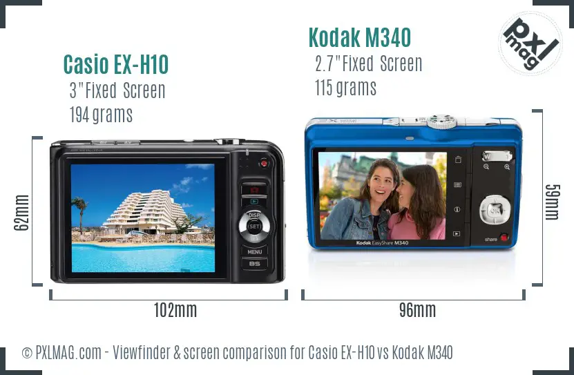 Casio EX-H10 vs Kodak M340 Screen and Viewfinder comparison