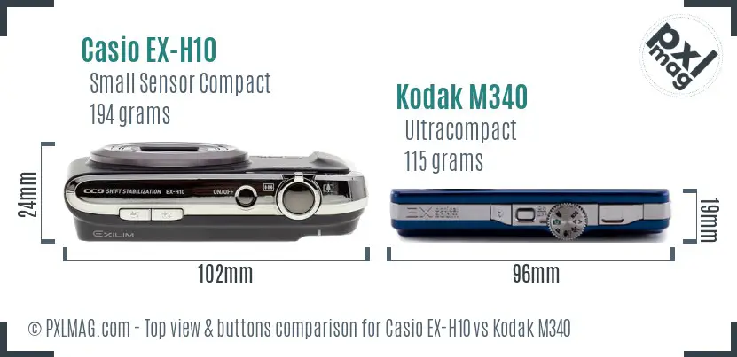 Casio EX-H10 vs Kodak M340 top view buttons comparison