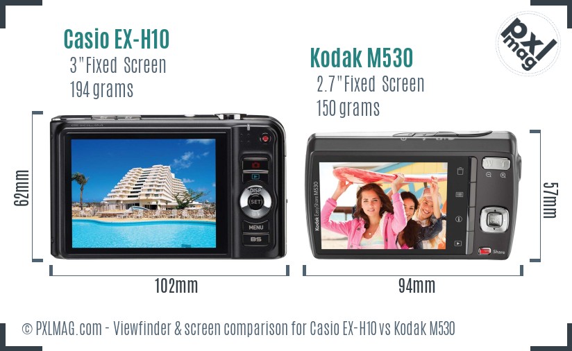 Casio EX-H10 vs Kodak M530 Screen and Viewfinder comparison