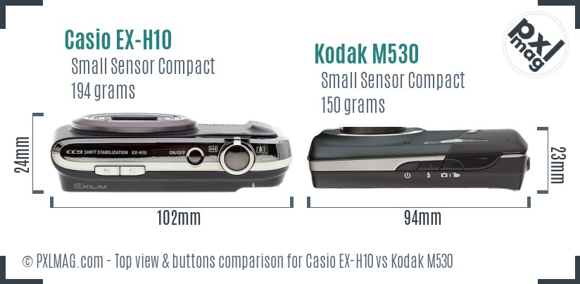 Casio EX-H10 vs Kodak M530 top view buttons comparison