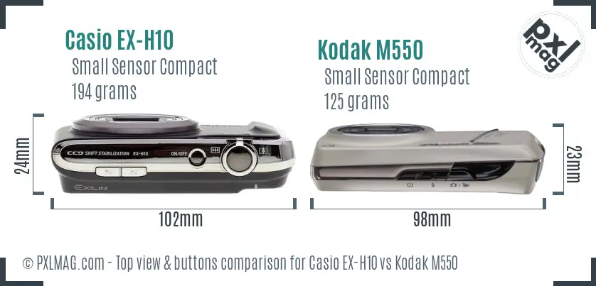 Casio EX-H10 vs Kodak M550 top view buttons comparison Casio EX-H10 vs Kodak M550 top view buttons comparison