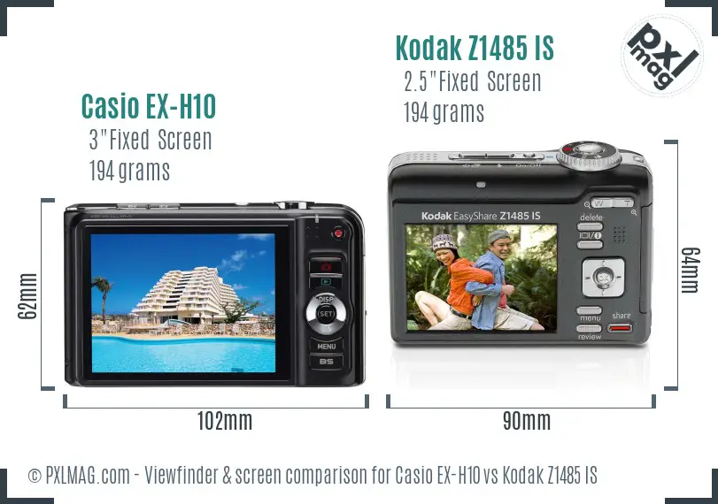 Casio EX-H10 vs Kodak Z1485 IS Screen and Viewfinder comparison
