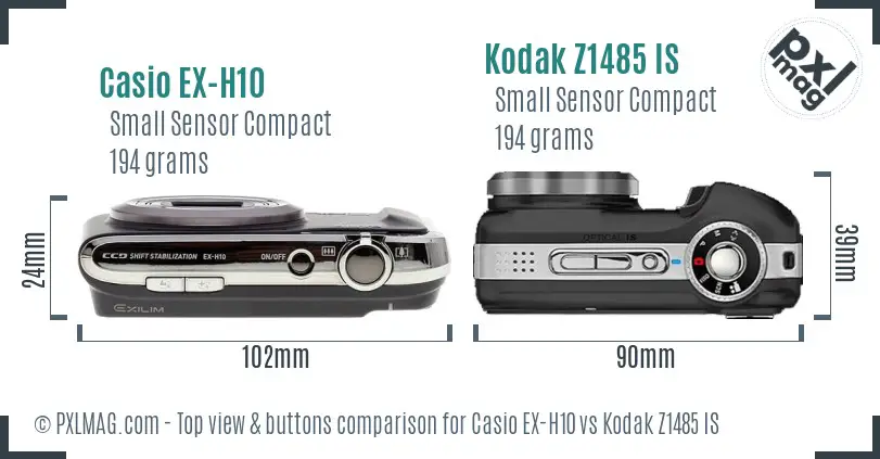 Casio EX-H10 vs Kodak Z1485 IS top view buttons comparison