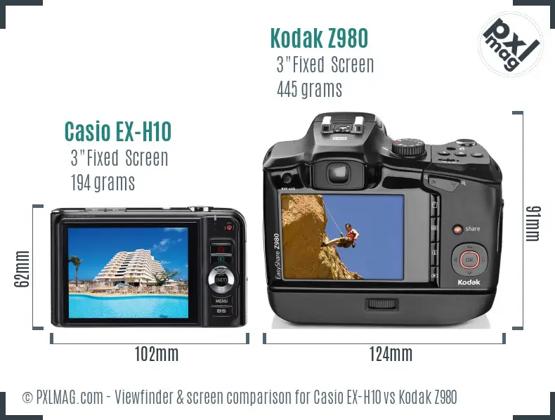 Casio EX-H10 vs Kodak Z980 Screen and Viewfinder comparison