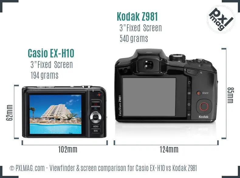 Casio EX-H10 vs Kodak Z981 Screen and Viewfinder comparison