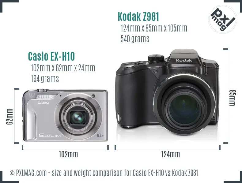 Casio EX-H10 vs Kodak Z981 size comparison
