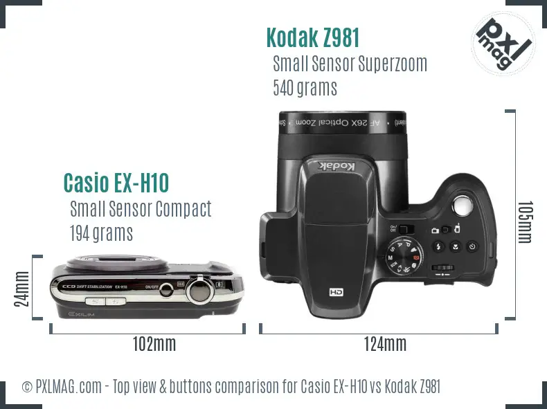 Casio EX-H10 vs Kodak Z981 top view buttons comparison