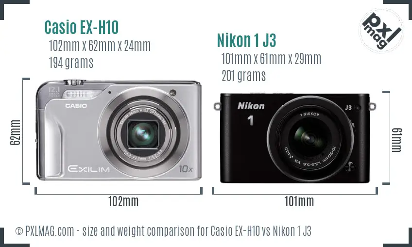 Casio EX-H10 vs Nikon 1 J3 size comparison