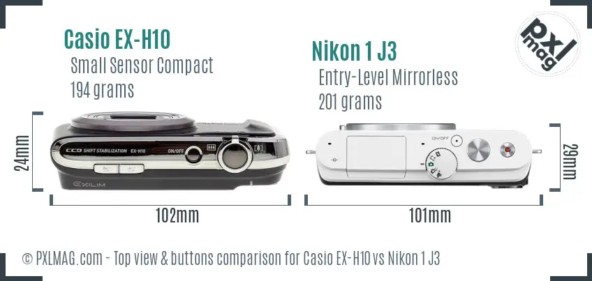 Casio EX-H10 vs Nikon 1 J3 top view buttons comparison