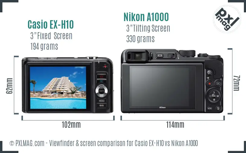 Casio EX-H10 vs Nikon A1000 Screen and Viewfinder comparison