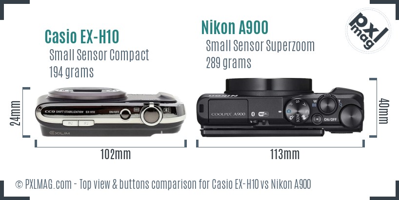 Casio EX-H10 vs Nikon A900 top view buttons comparison