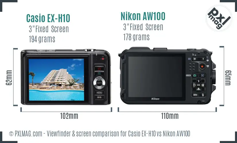 Casio EX-H10 vs Nikon AW100 Screen and Viewfinder comparison