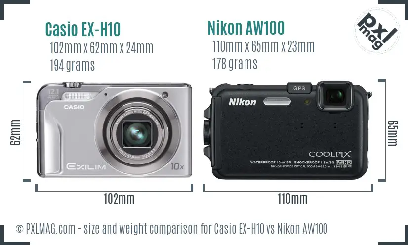 Casio EX-H10 vs Nikon AW100 size comparison