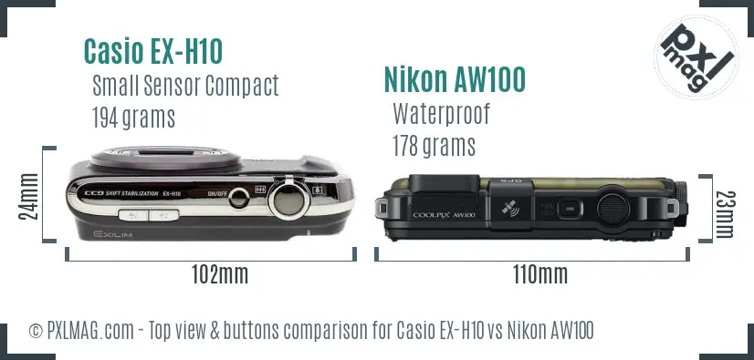 Casio EX-H10 vs Nikon AW100 top view buttons comparison