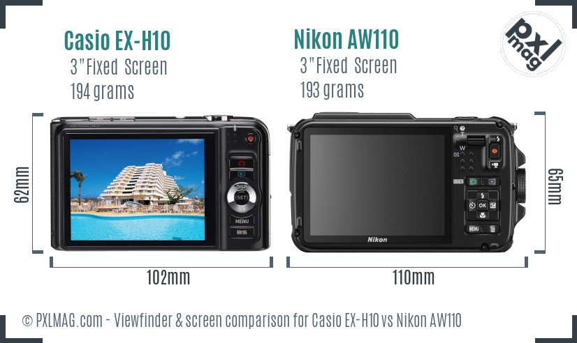 Casio EX-H10 vs Nikon AW110 Screen and Viewfinder comparison
