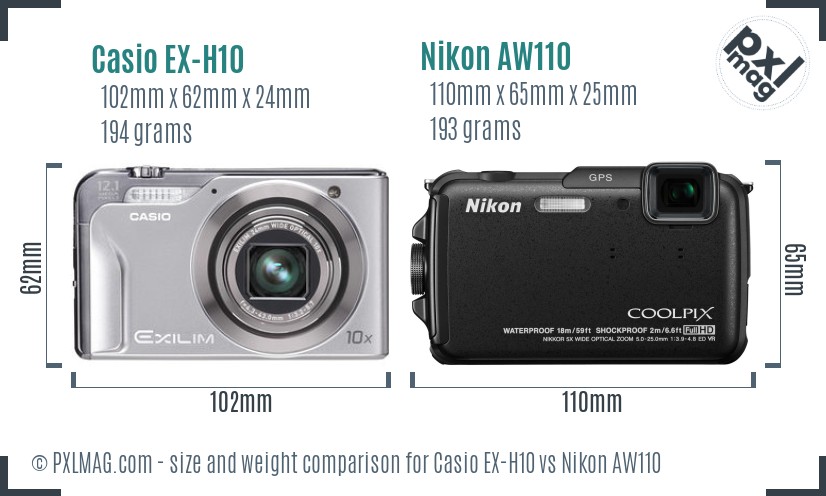 Casio EX-H10 vs Nikon AW110 size comparison