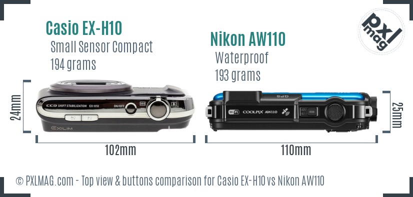Casio EX-H10 vs Nikon AW110 top view buttons comparison