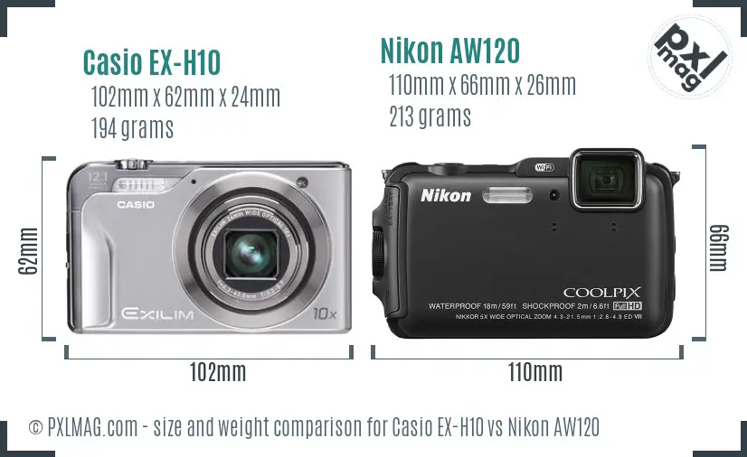 Casio EX-H10 vs Nikon AW120 size comparison