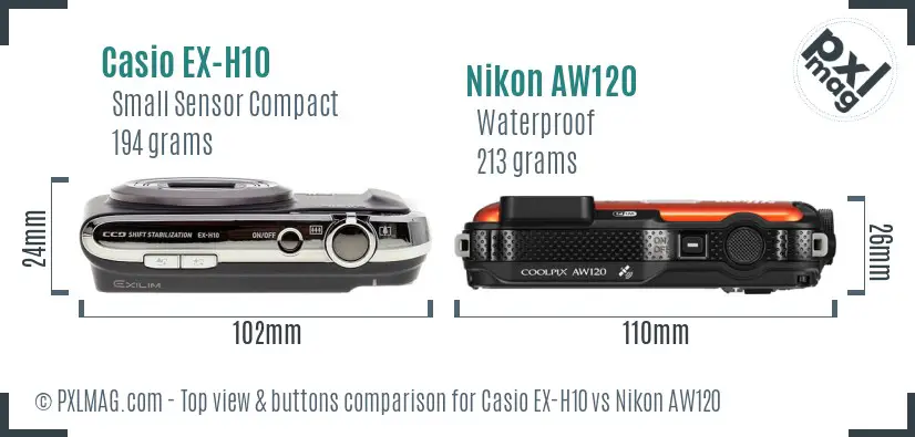 Casio EX-H10 vs Nikon AW120 top view buttons comparison