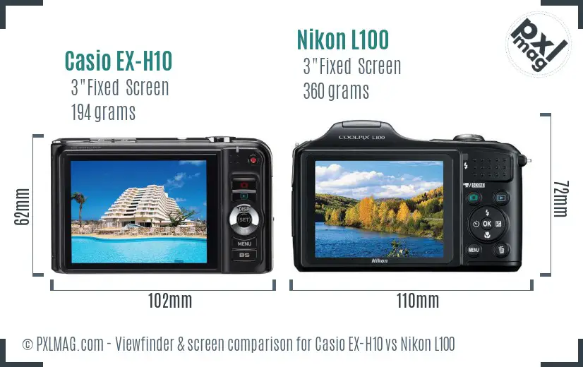 Casio EX-H10 vs Nikon L100 Screen and Viewfinder comparison Casio EX-H10 vs Nikon L100 Screen and Viewfinder comparison