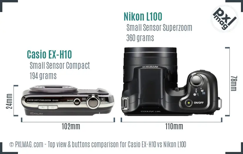 Casio EX-H10 vs Nikon L100 top view buttons comparison Casio EX-H10 vs Nikon L100 top view buttons comparison