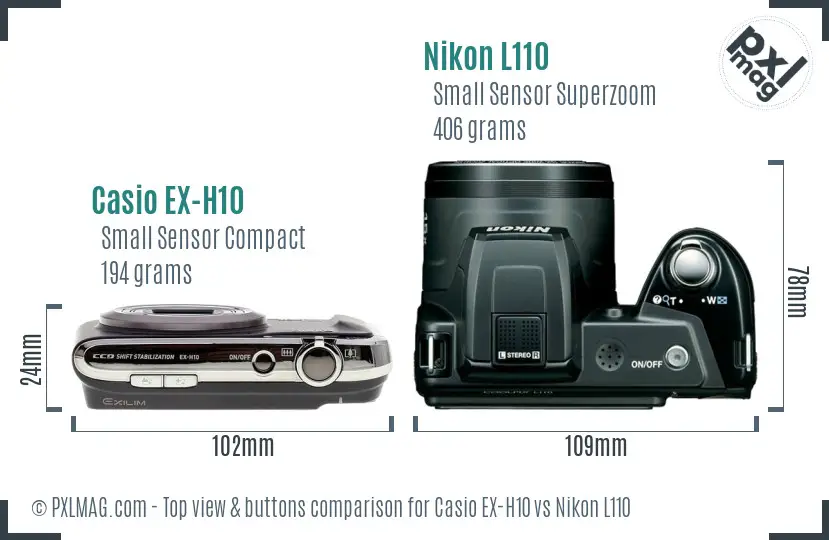 Casio EX-H10 vs Nikon L110 top view buttons comparison Casio EX-H10 vs Nikon L110 top view buttons comparison