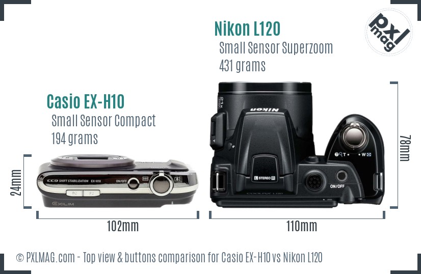Casio EX-H10 vs Nikon L120 top view buttons comparison