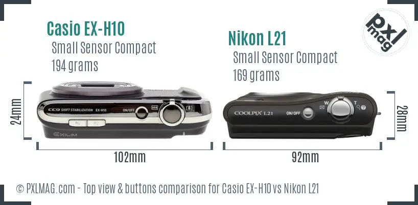 Casio EX-H10 vs Nikon L21 top view buttons comparison Casio EX-H10 vs Nikon L21 top view buttons comparison