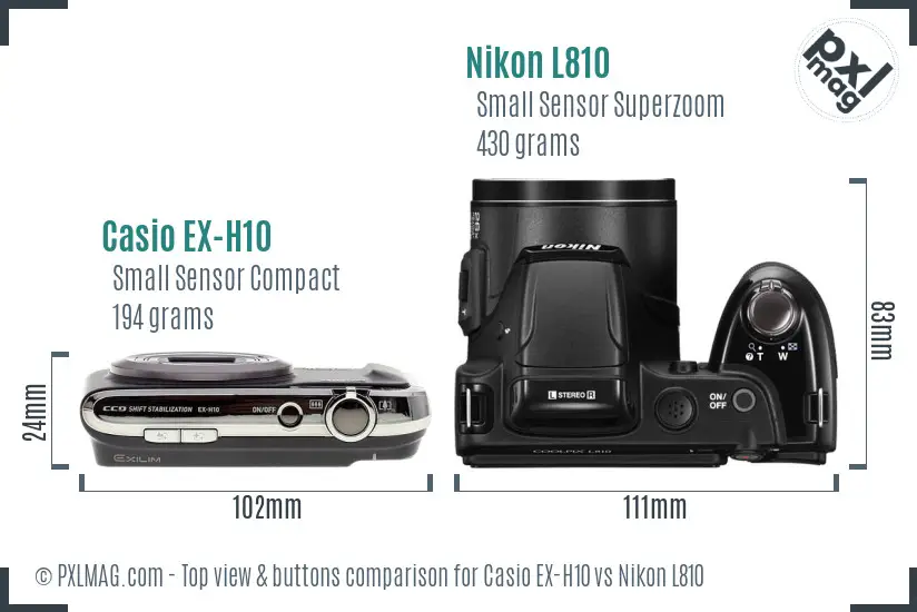 Casio EX-H10 vs Nikon L810 top view buttons comparison Casio EX-H10 vs Nikon L810 top view buttons comparison