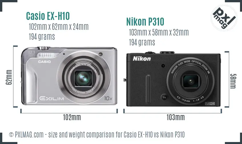 Casio EX-H10 vs Nikon P310 size comparison