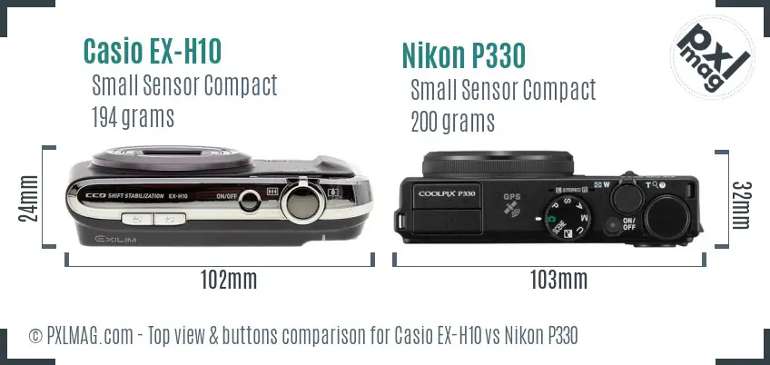 Casio EX-H10 vs Nikon P330 top view buttons comparison