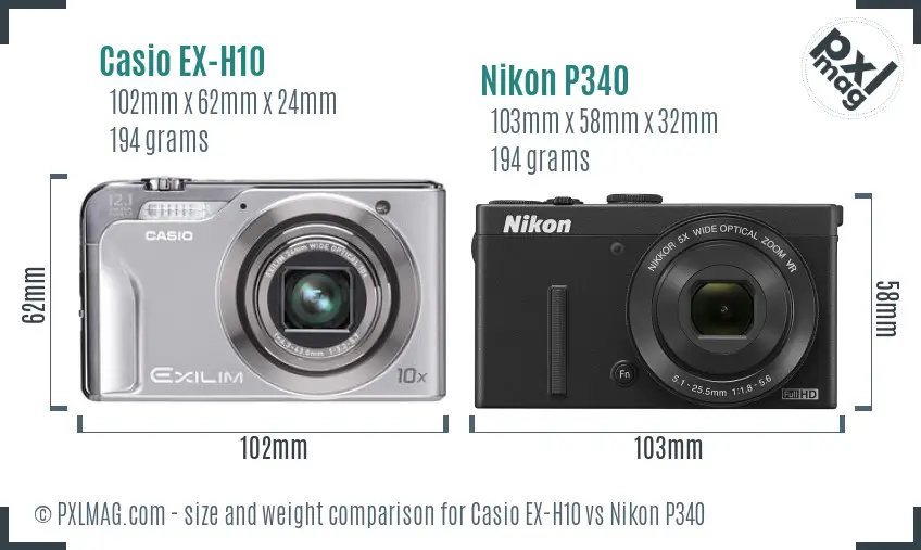 Casio EX-H10 vs Nikon P340 size comparison Casio EX-H10 vs Nikon P340 size comparison