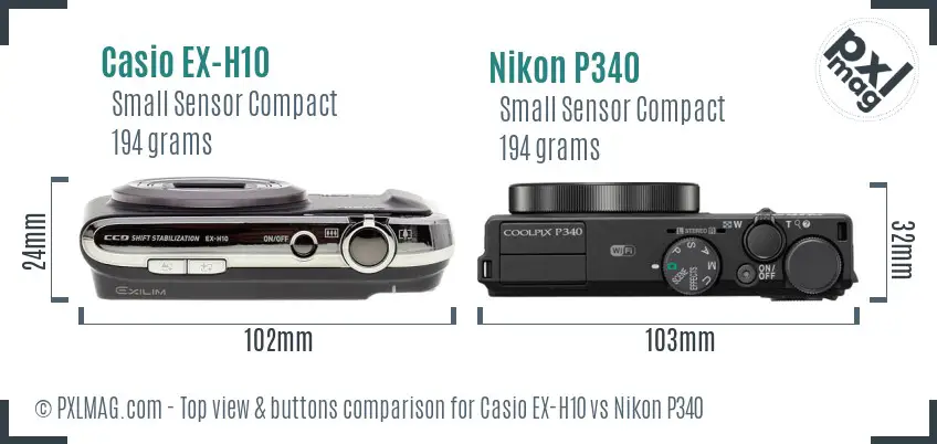 Casio EX-H10 vs Nikon P340 top view buttons comparison Casio EX-H10 vs Nikon P340 top view buttons comparison
