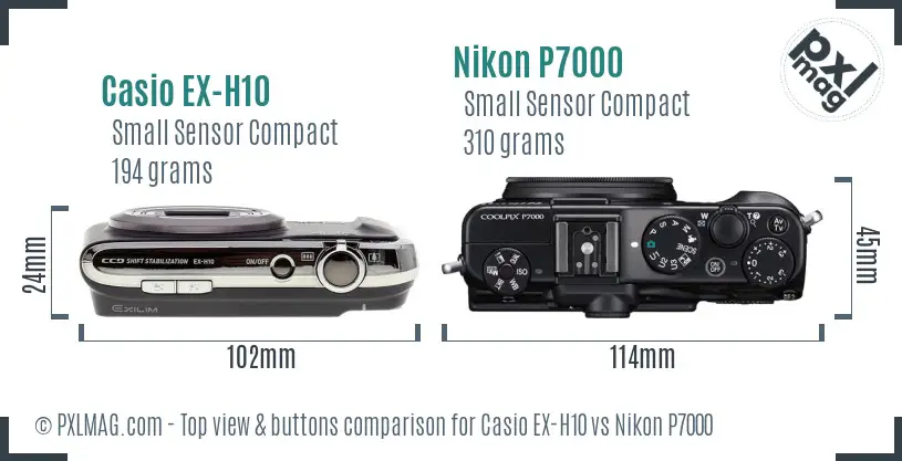 Casio EX-H10 vs Nikon P7000 top view buttons comparison