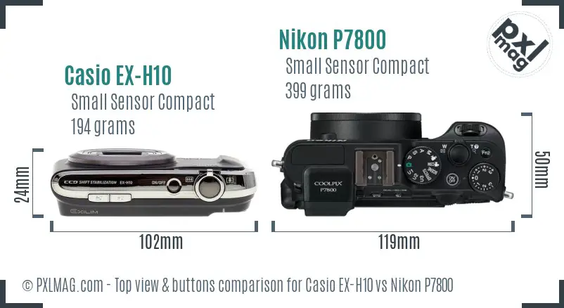 Casio EX-H10 vs Nikon P7800 top view buttons comparison