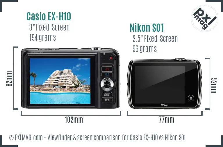 Casio EX-H10 vs Nikon S01 Screen and Viewfinder comparison