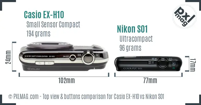 Casio EX-H10 vs Nikon S01 top view buttons comparison