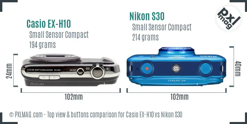 Casio EX-H10 vs Nikon S30 top view buttons comparison Casio EX-H10 vs Nikon S30 top view buttons comparison