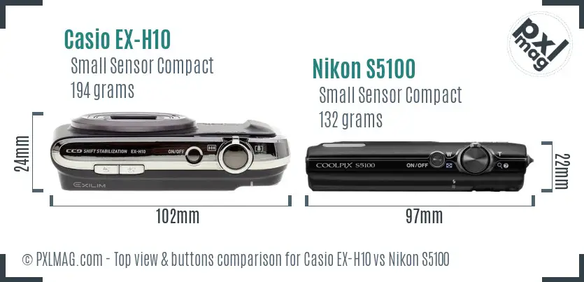 Casio EX-H10 vs Nikon S5100 top view buttons comparison