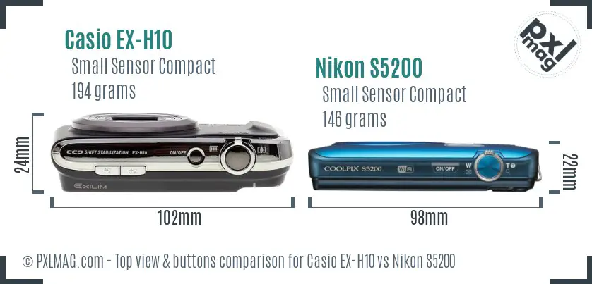 Casio EX-H10 vs Nikon S5200 top view buttons comparison