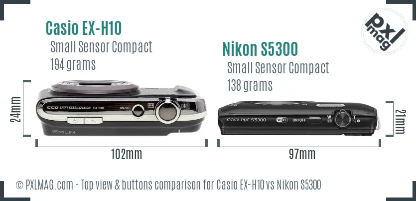 Casio EX-H10 vs Nikon S5300 top view buttons comparison
