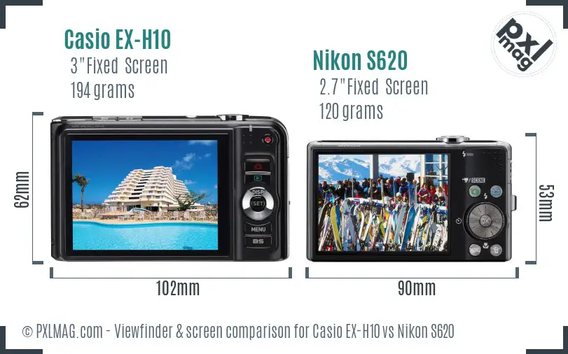 Casio EX-H10 vs Nikon S620 Screen and Viewfinder comparison