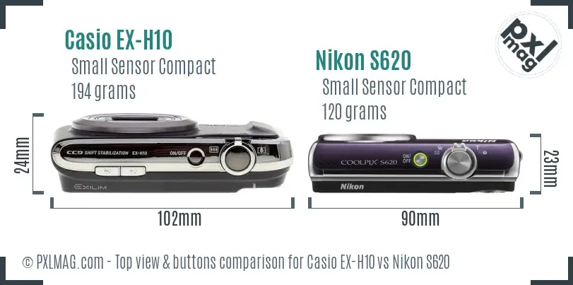 Casio EX-H10 vs Nikon S620 top view buttons comparison
