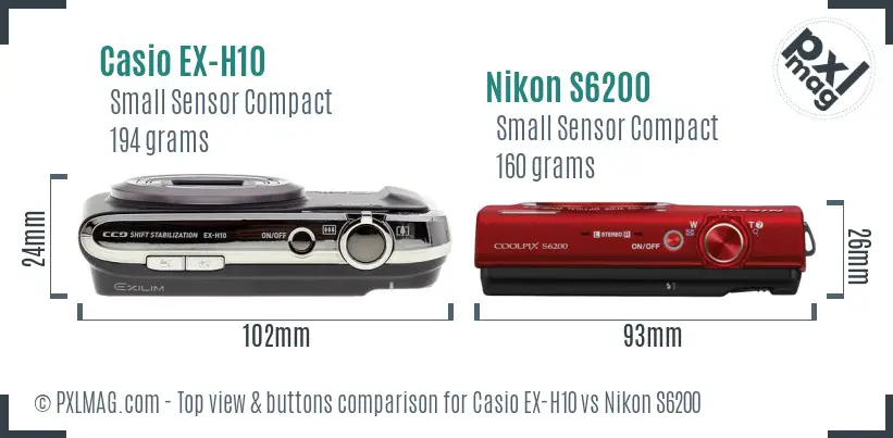 Casio EX-H10 vs Nikon S6200 top view buttons comparison Casio EX-H10 vs Nikon S6200 top view buttons comparison