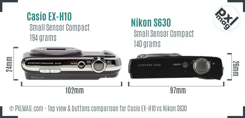 Casio EX-H10 vs Nikon S630 top view buttons comparison