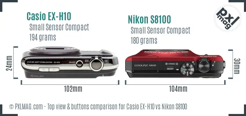 Casio EX-H10 vs Nikon S8100 top view buttons comparison