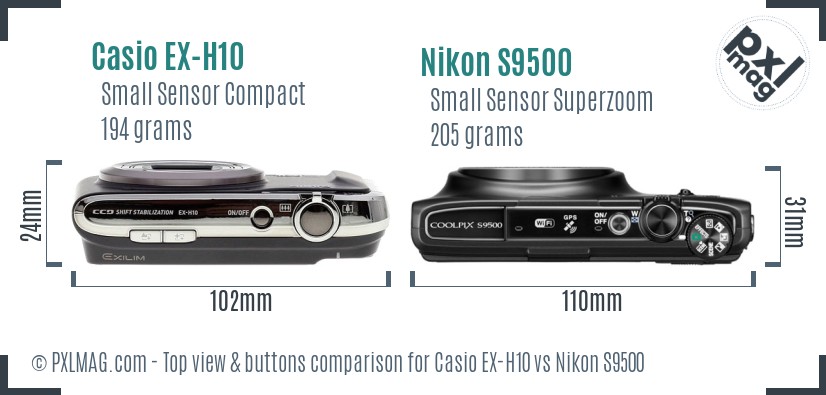 Casio EX-H10 vs Nikon S9500 top view buttons comparison